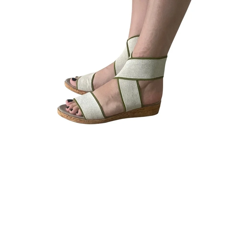 Elastic Strap Cork Like Wedge Sandals Cream Green Sz 9 by Charleston Shoe Co.